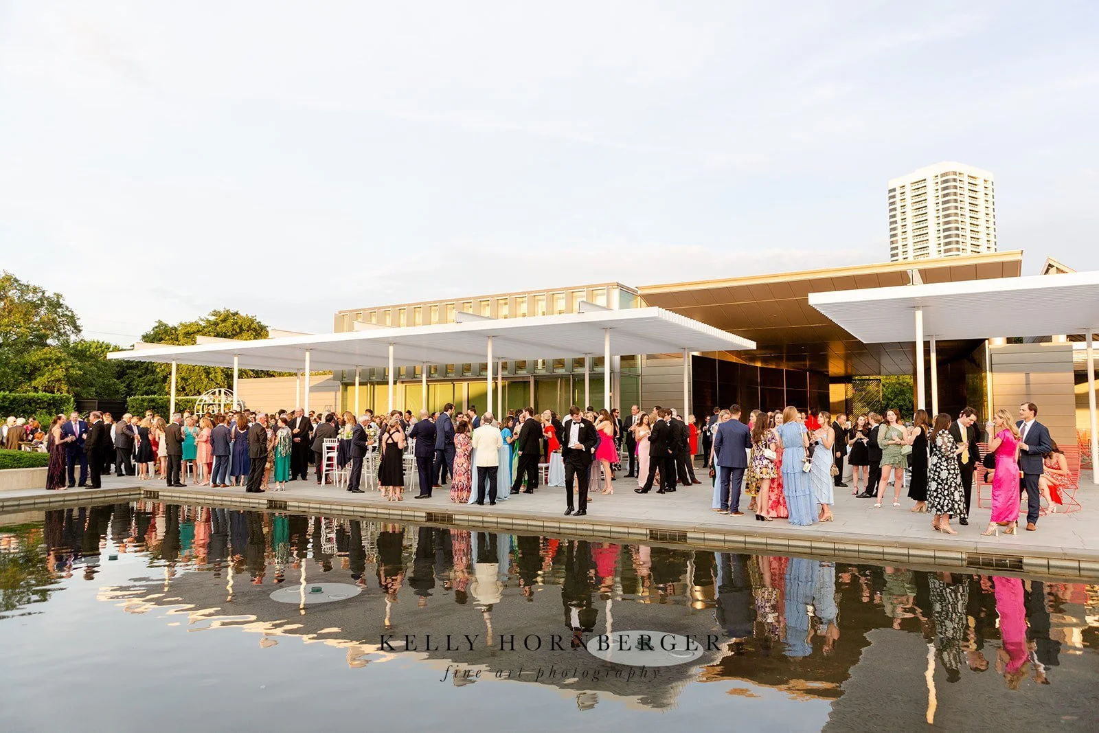 Outdoor party with guests and fountain