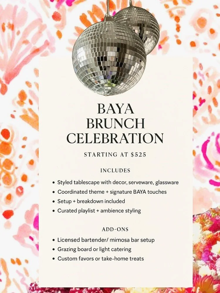 Welcome to your brunch era - BAYA edition 🍊🪩✨

Soft florals, golden glassware and mimosas that sparkle as much as the company.

Every detail - from the playlist to the petals - is curated to feel effortless, elevated and so you.

We bring the vibe.