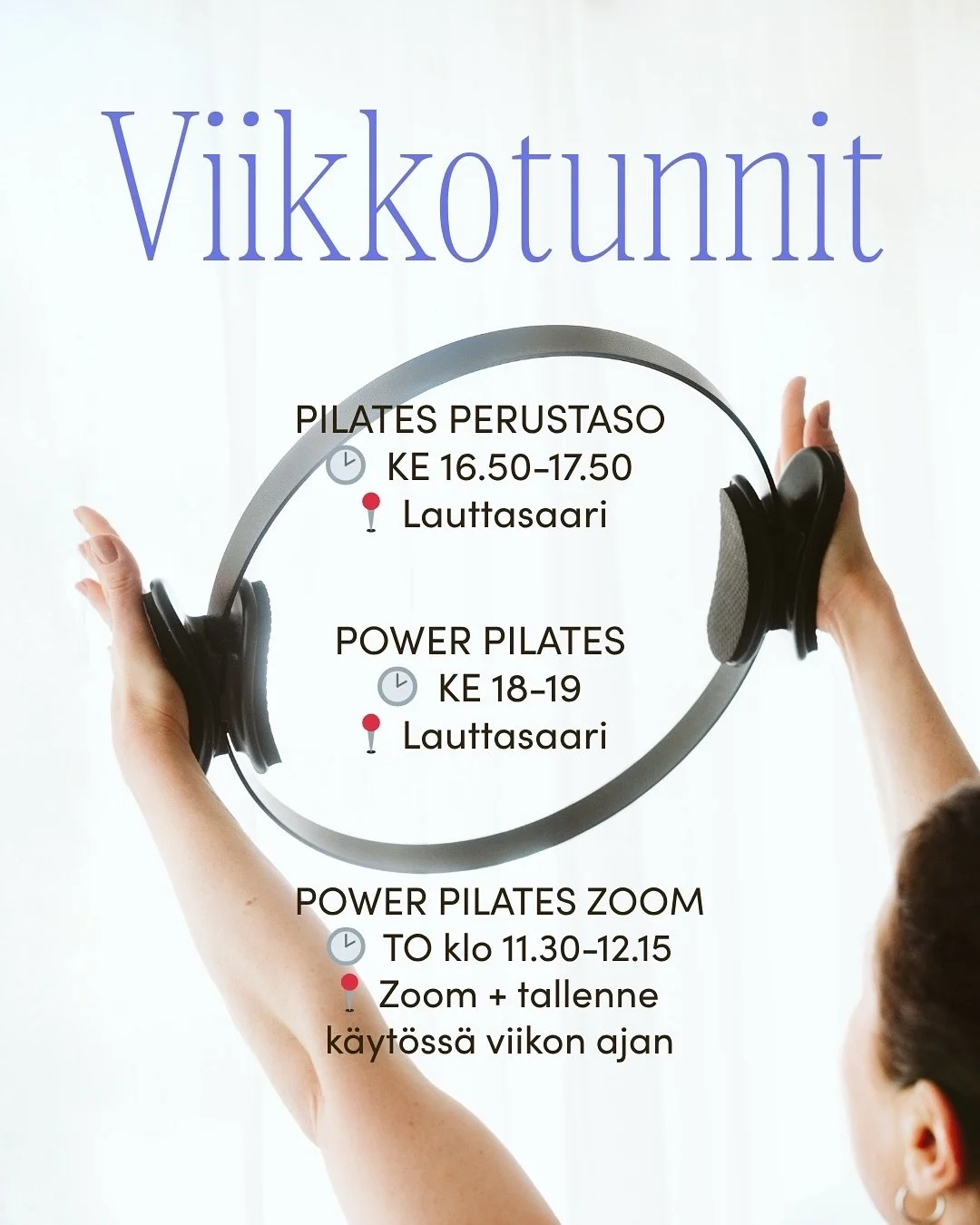 Tervetuloa viikkotunneille Lauttasaareen, sek&auml; Zoomiin tai verkkoon omalla ajallasi. Tule juuri sellaisena kuin olet, ja l&ouml;ydet&auml;&auml;n yhdess&auml; sulle sopivin tapa harjoittaa pilatesta.💙

Jos haluat aloittaa pilateksen tai kokeill