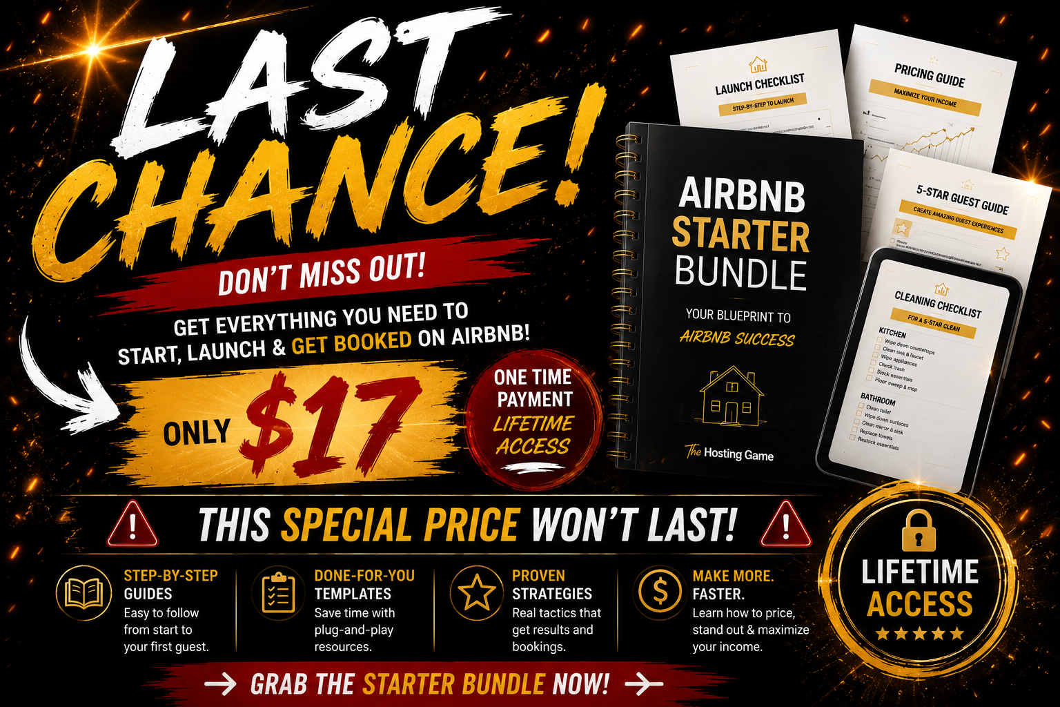 Promotional graphic advertising an Airbnb starter bundle. It features guides, checklists, and templates for launching an Airbnb, with a special price of $17 and lifetime access. The design includes bold text, icons, and sample documents.