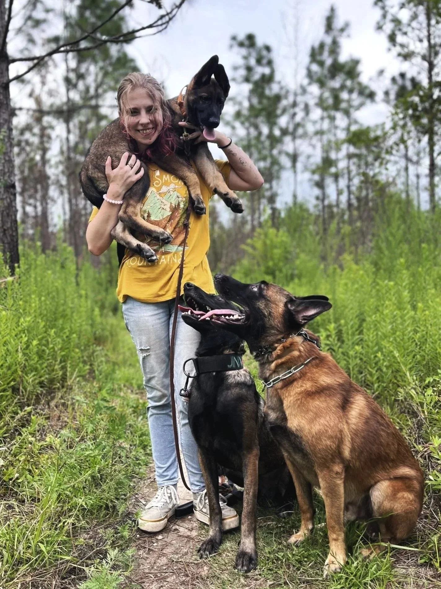 A woman in a yellow t-shirt and jeans stands outdoors in a forested area, holding a black puppy with light brown markings on her shoulders. Two larger dogs, a black one with brown markings and a brown one with black markings, are sitting near her on the trail. The woman is smiling and the dogs are looking up at her, in a natural setting with green plants and trees around.