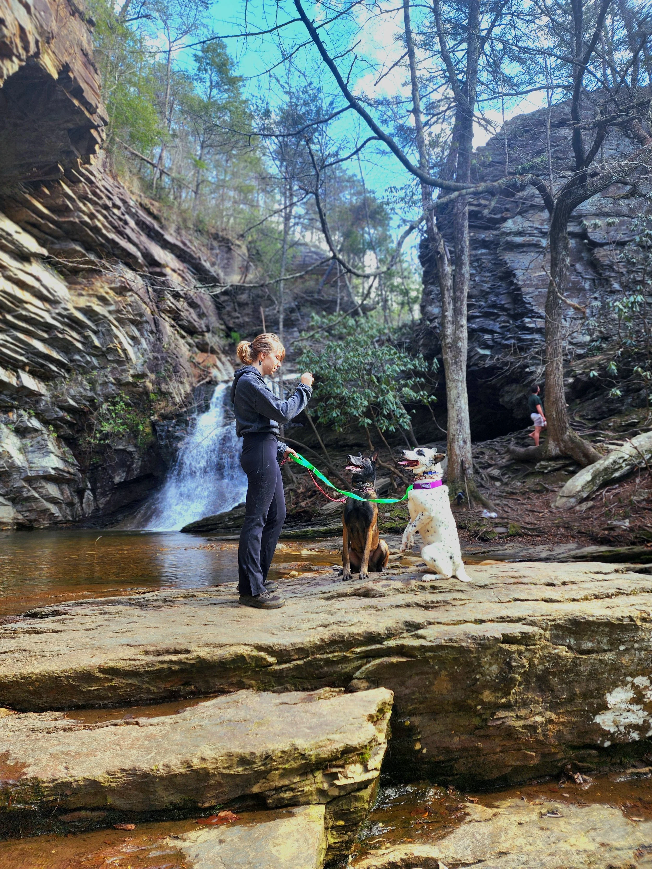 Head Trainer, Blaze Parker standing on a rocky surface at a waterfall, holding two dogs on leashes, with a woman in shorts in the background near trees.