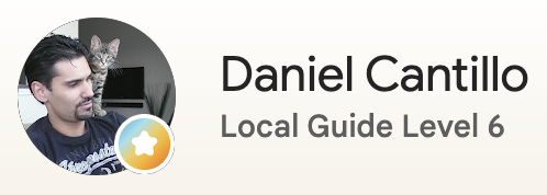 Profile banner with a man and a cat, displaying the name Daniel Cantillo and the title Local Guide Level 6.
