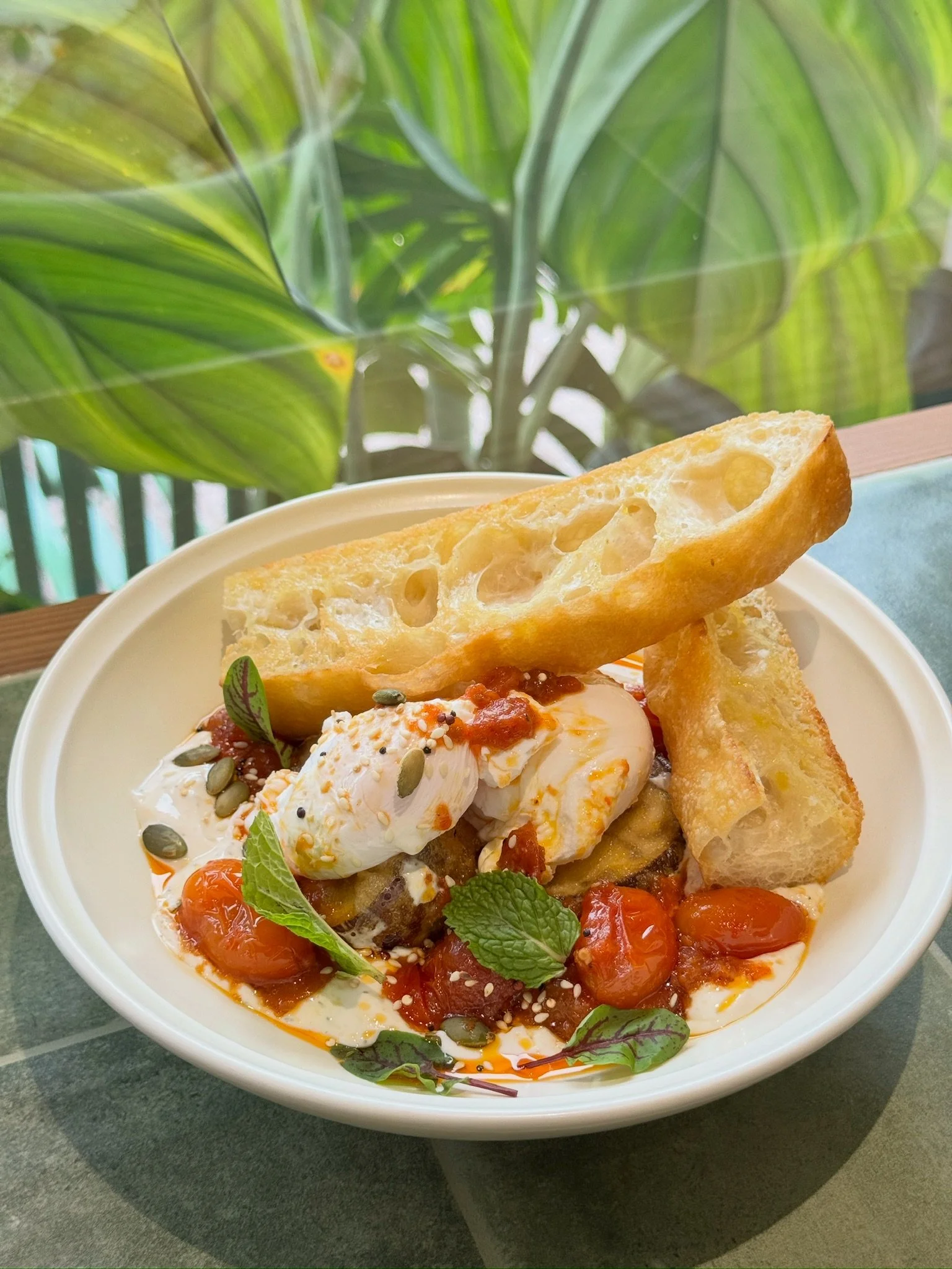 A bowl of food containing poached eggs, cherry tomatoes, fresh herbs, seeds, and toasted bread on the side.