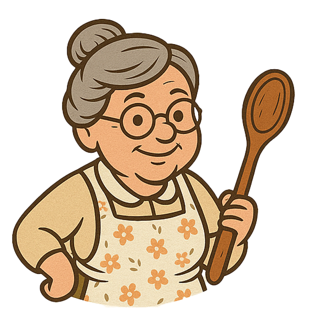 Cartoon of an elderly woman with gray hair in a bun, wearing glasses, a beige shirt, and a floral apron, holding a wooden cooking spoon.
