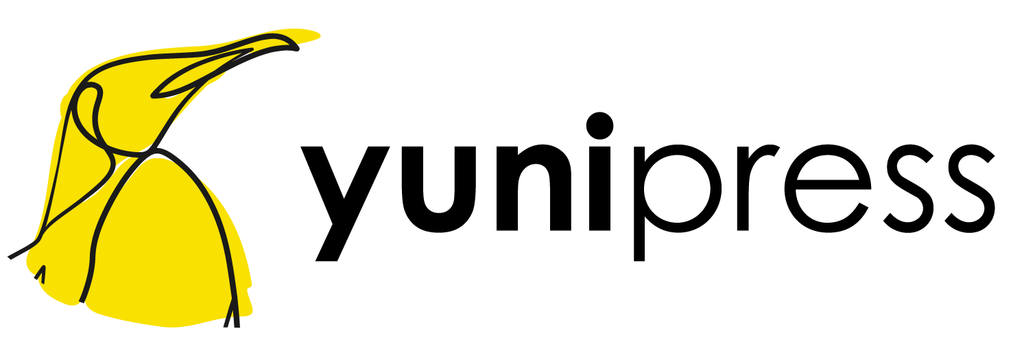 Abstract yellow penguin bust with black scribble lines next to the text YUNI PRESS.