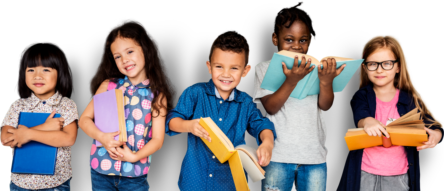 Five children standing in a row holding books, smiling, and facing the camera against a black background.