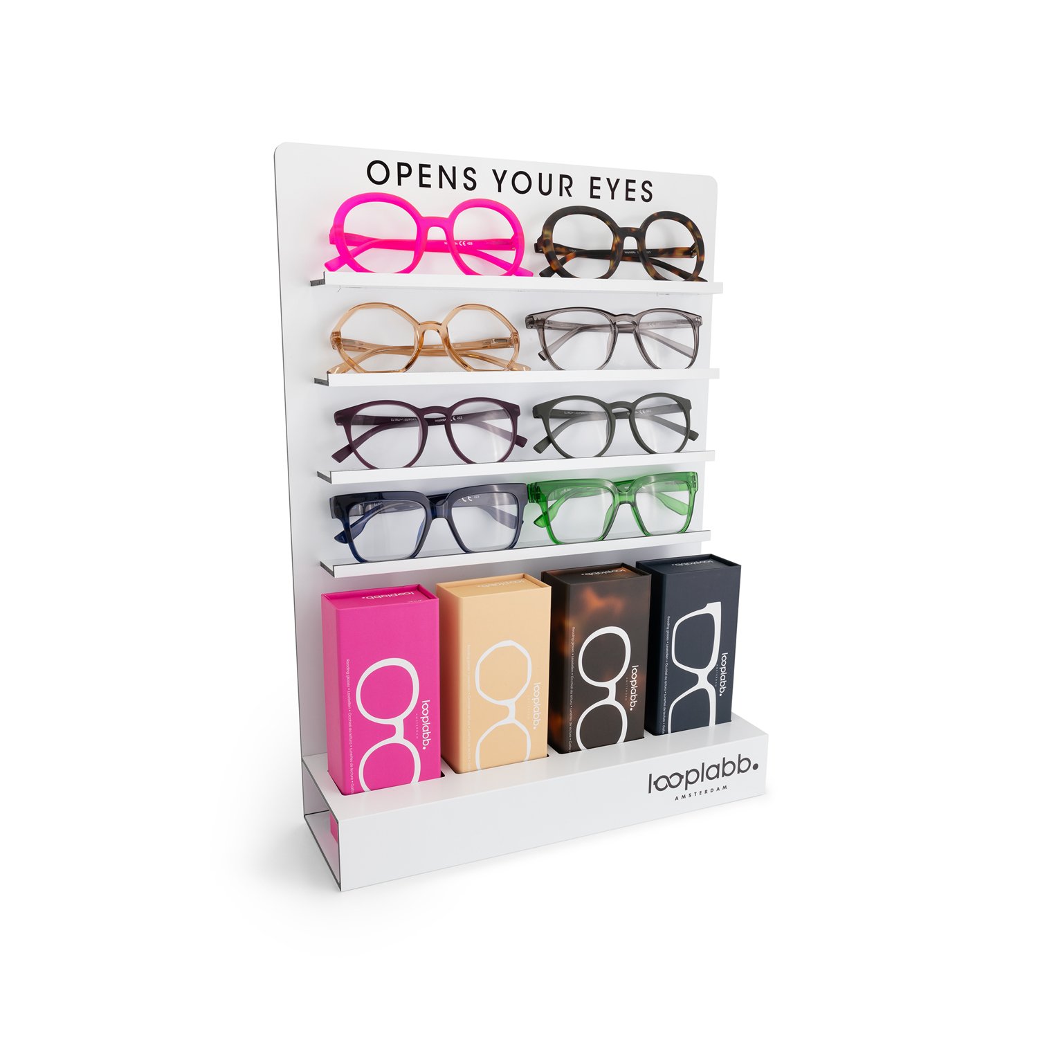 Brillenfassungsständer mit verschiedenen Brillenmodellen und Verpackungen, mit der Beschriftung 'Opens your eyes'.