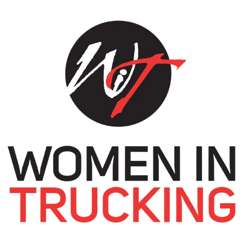 Logo for Women in Trucking with stylized 'WIT' text inside a black circle and the words 'Women in Trucking' below, with 'Trucking' highlighted in red.