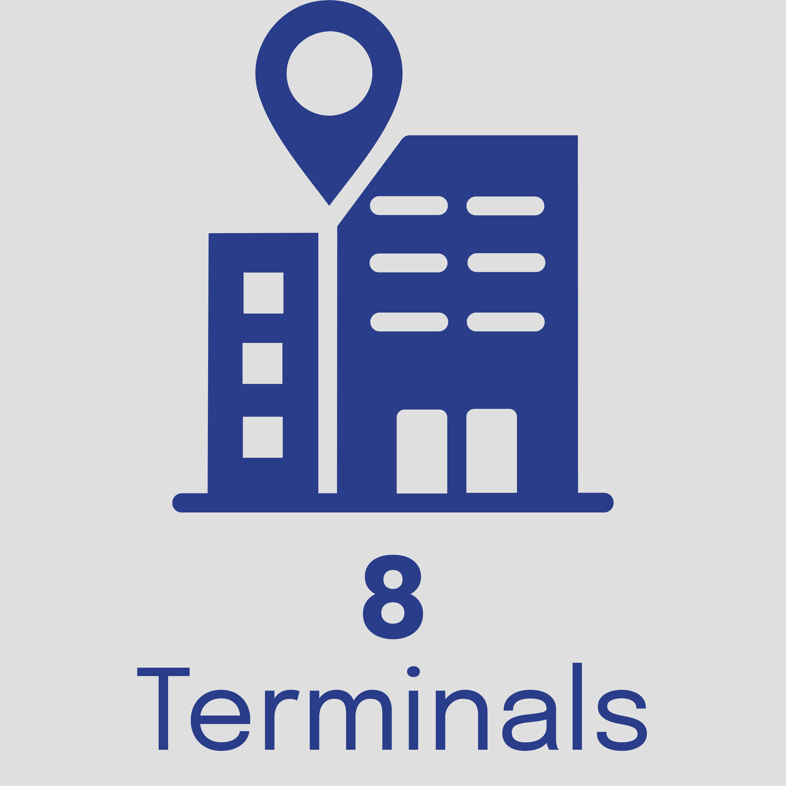 Image of a building and location marker with the text "8 Terminals"