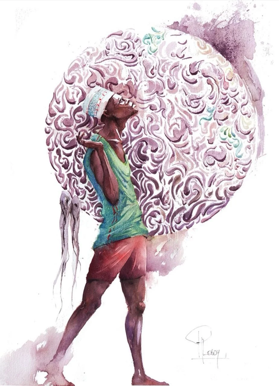 A watercolor painting of a young person in athletic attire, wearing a white cap, standing in a relaxed pose with one hand on their hip and the other touching their chin, with a large, abstract, swirling brain outline in the background.