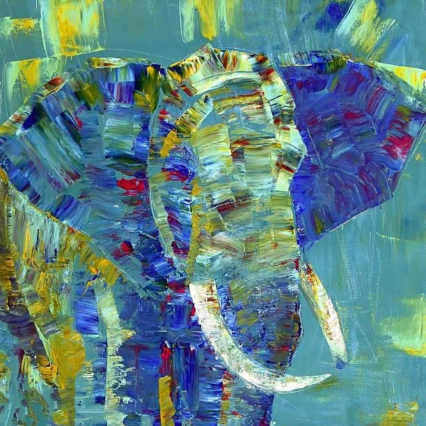 Abstract painting of an elephant with bold, colorful brushstrokes, featuring shades of blue, purple, yellow, and white.