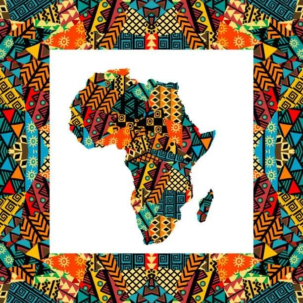 Colorful African-inspired geometric pattern forming the shape of the continent of Africa.