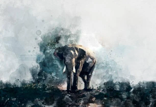 Artistic watercolor painting of an elephant walking on a dark, textured background.