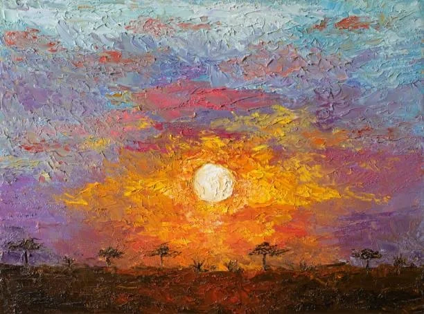 Impressionist oil painting of a sunset with a white sun, colorful sky in purple, pink, orange, and yellow, and silhouettes of trees on the horizon.