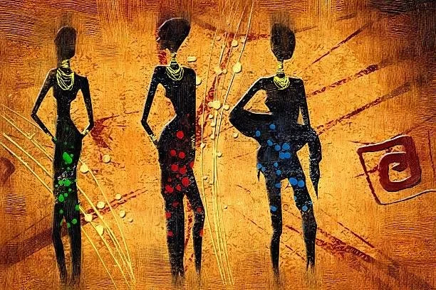 Abstract painting of three tall, slender African women with black skin and elongated features, wearing colorful jewelry, against a textured warm orange and brown background.