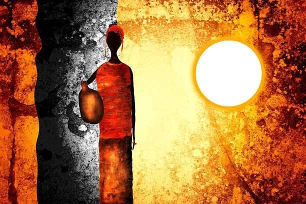 A silhouetted figure of a woman in front of a sunlit textured wall, with a large circular light or sun in the background, creating a contrast of dark and bright colors.