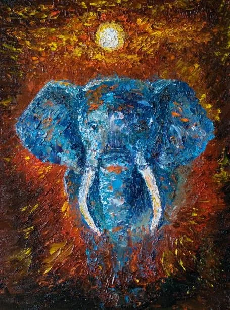 Impressionist-style painting of a blue elephant with tusks, set against an orange and yellow background with a white sun or moon in the sky.