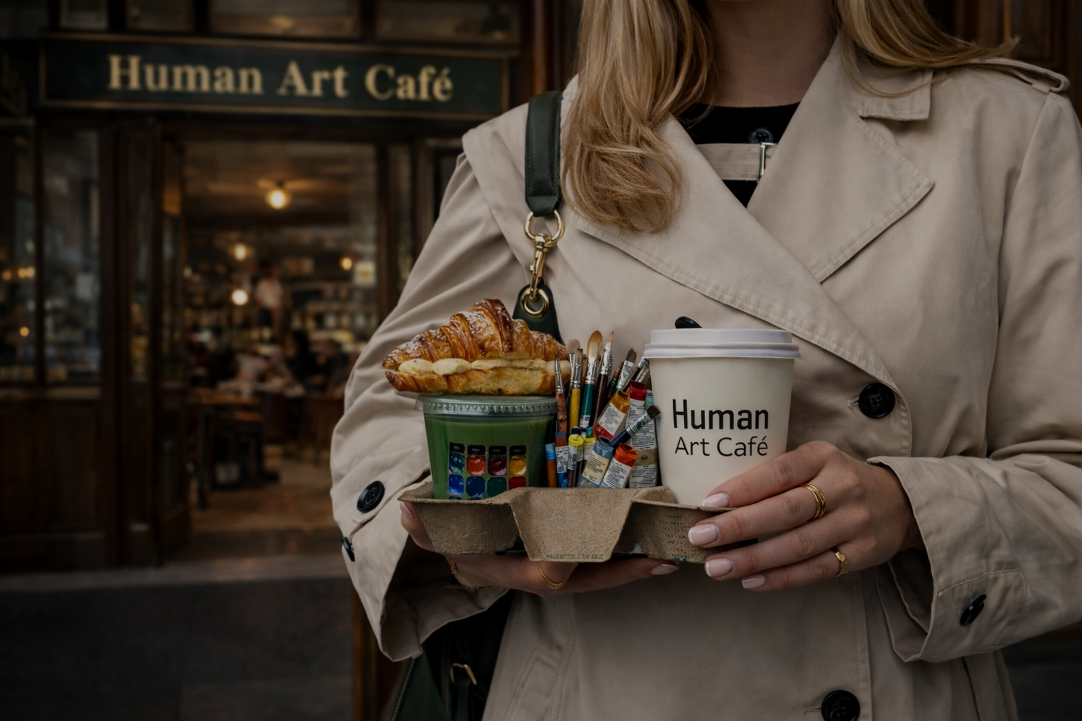 Woman with coffee and art