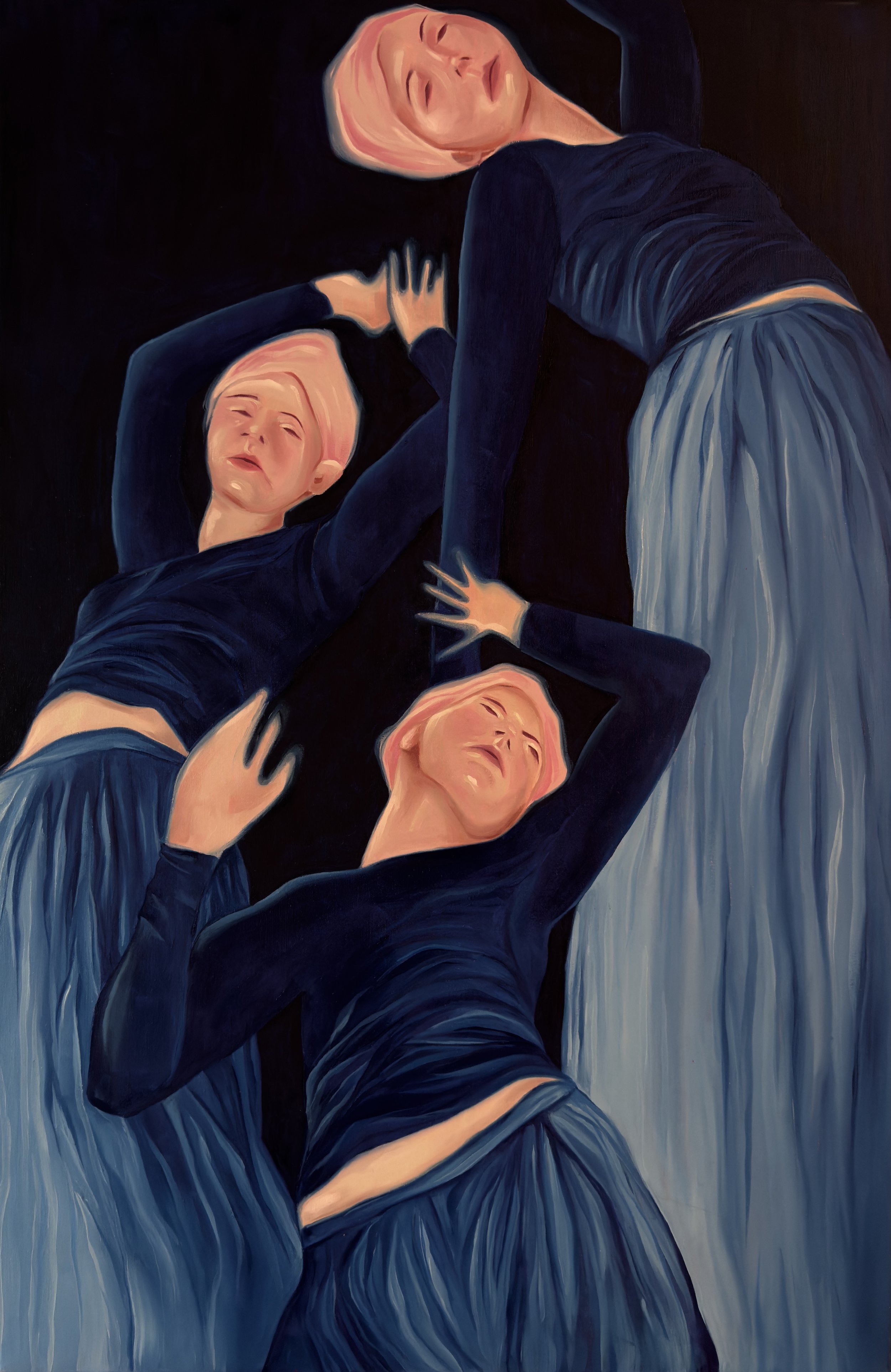 A surreal painting of three women with similar facial features, all dressed in black tops and blue skirts, lying on a dark background. They are intertwined with their hands and bodies, with the middle woman wearing a black square on her head. The pai
