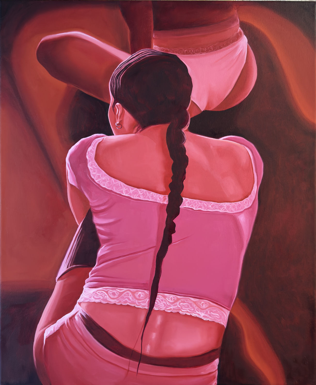 A painting of a woman from behind, hugging a large male figure, with her long braid visible. The scene is rendered in warm pink and red tones.