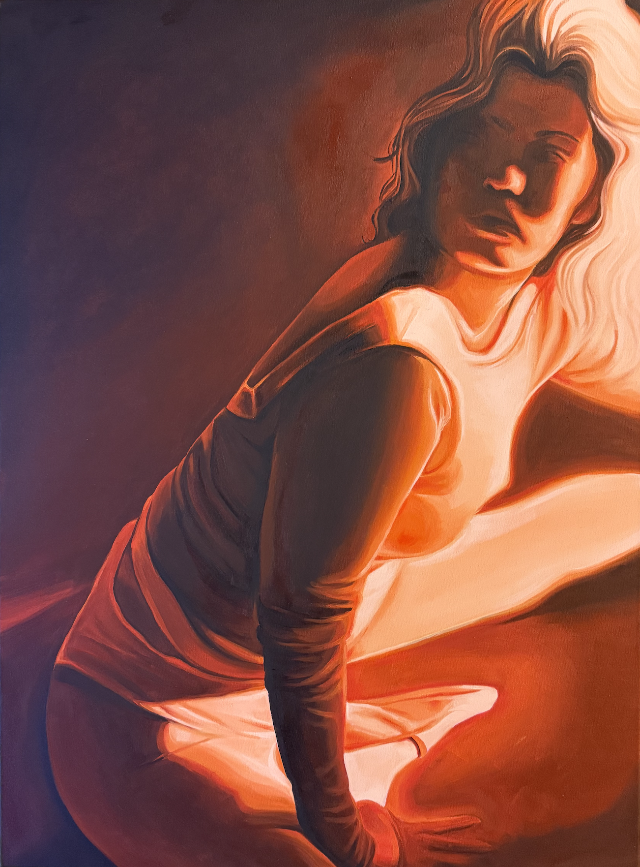 A painting of a woman with long hair, sitting on a bed, illuminated with warm, reddish lighting, creating a dramatic and moody atmosphere.