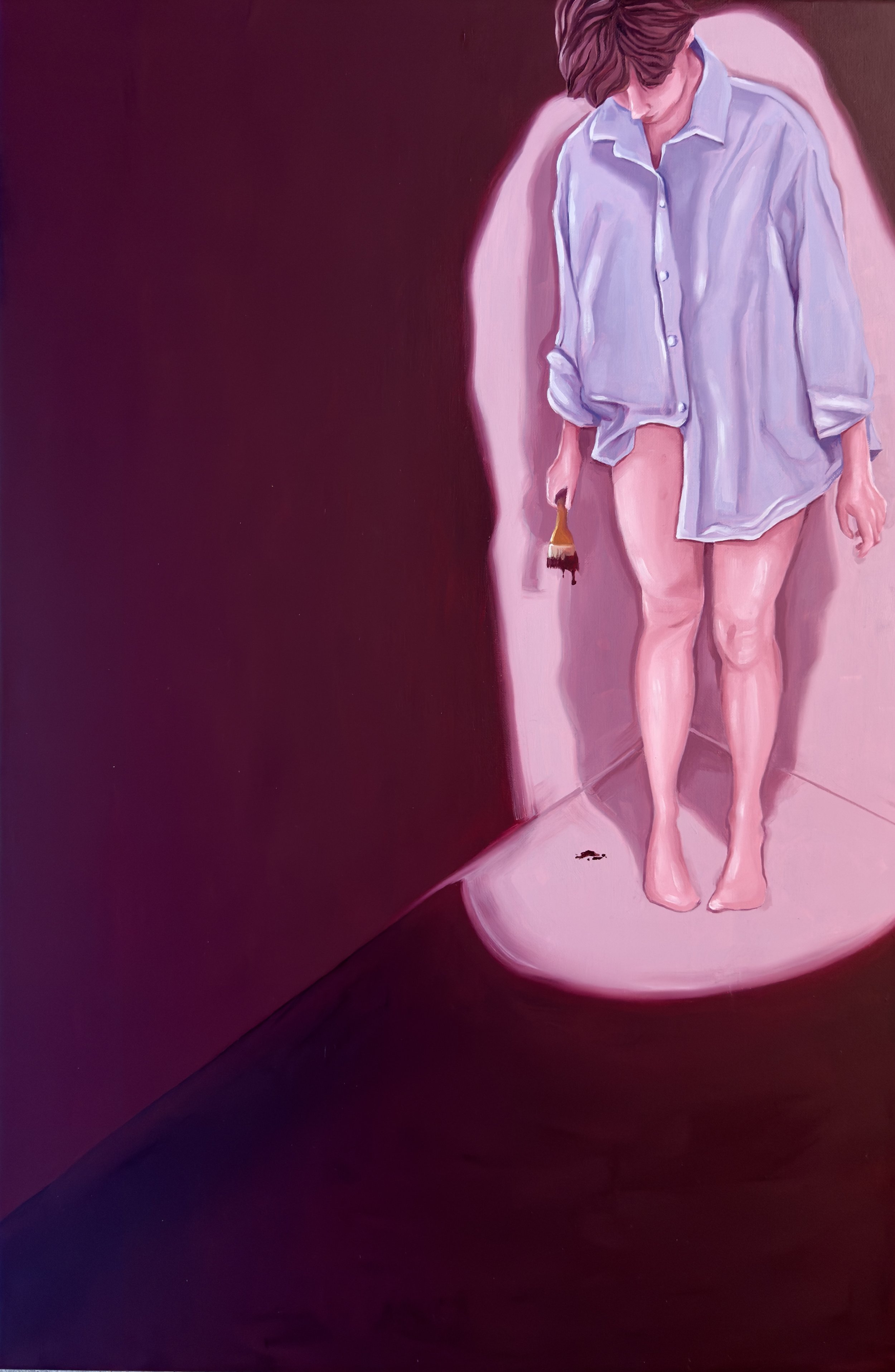 A digital painting of a woman with short hair standing on a pinkish oval shape, holding a paintbrush. She is wearing an oversized light blue shirt and no pants, with her legs exposed. There is a shadowy figure or reflection behind her in the backgrou