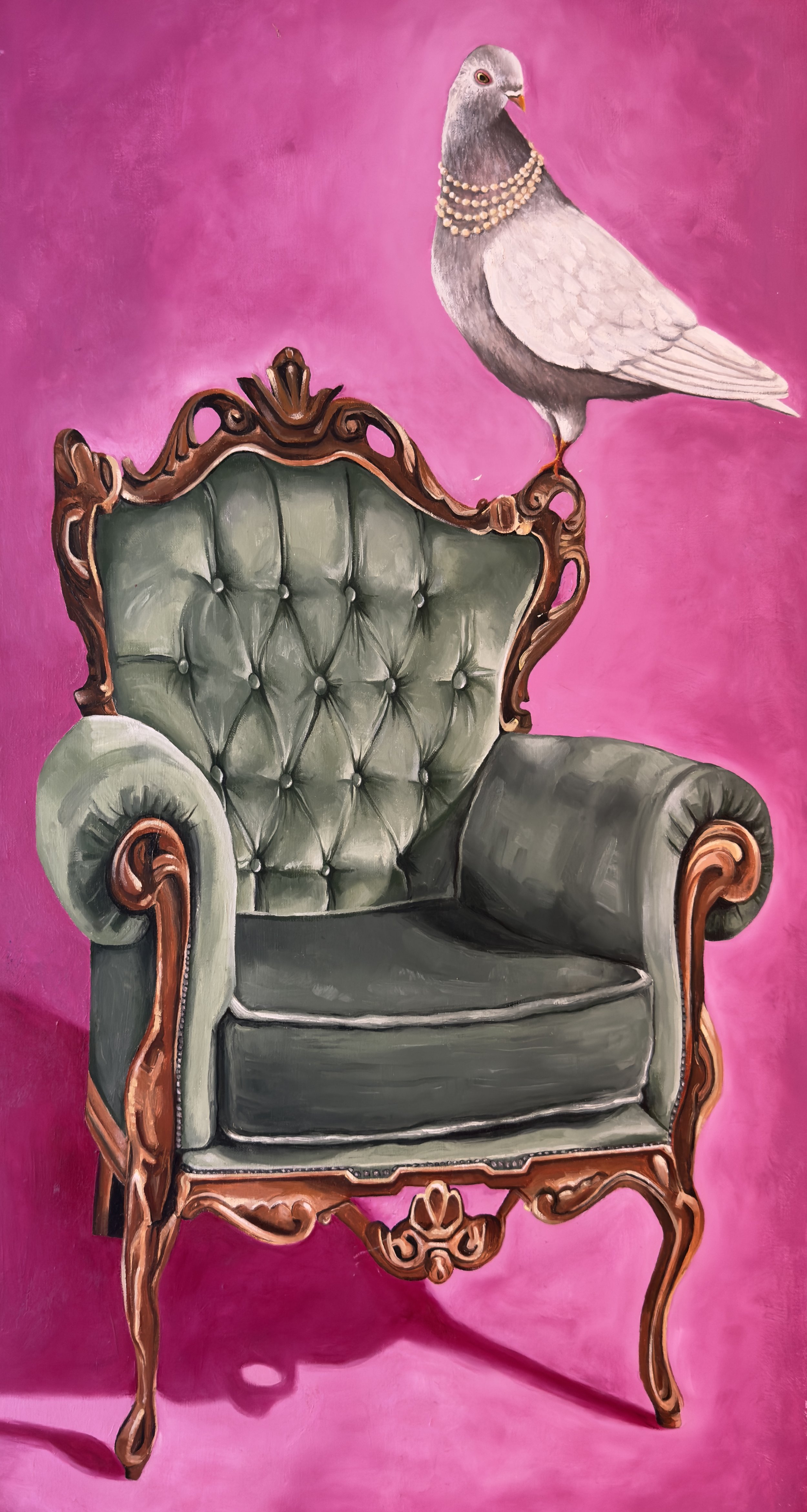 Painting of a vintage armchair with a pigeon standing on top, wearing a pearl necklace, against a pink background.