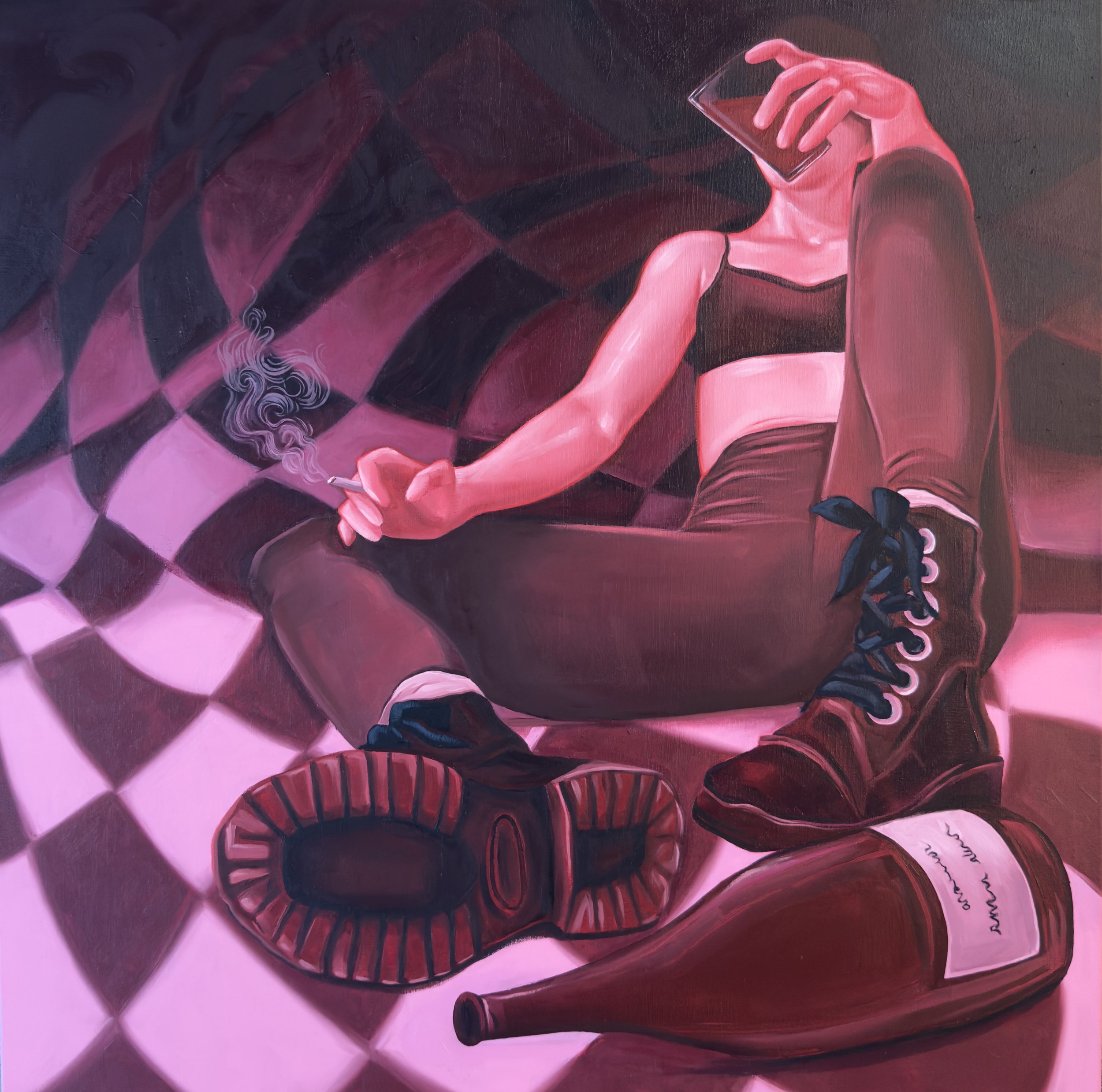 A stylized painting of a person sitting on a checkered floor, wearing red sneakers, and holding a lit cigarette with smoke curling up. The person has on black clothing, and an empty bottle lies nearby.