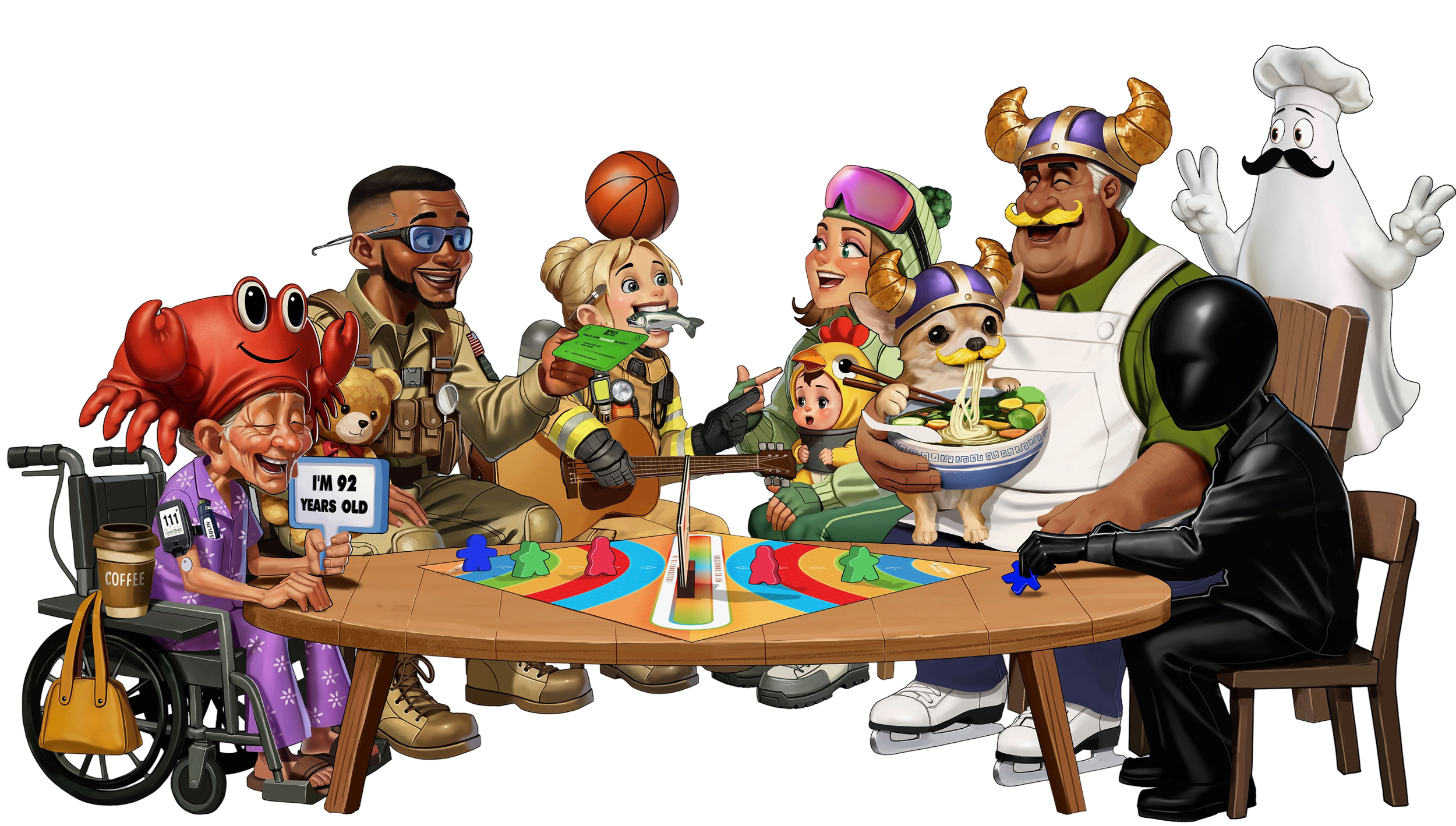 Cartoon scene with diverse people and animals playing board games and engaging in activities around a large table, including a person in a wheelchair holding a sign that says "I'm 92 years old", a dog dressed as a Viking, a girl hugging a stuffed animal, and a chef in the background making a bowl of ramen.