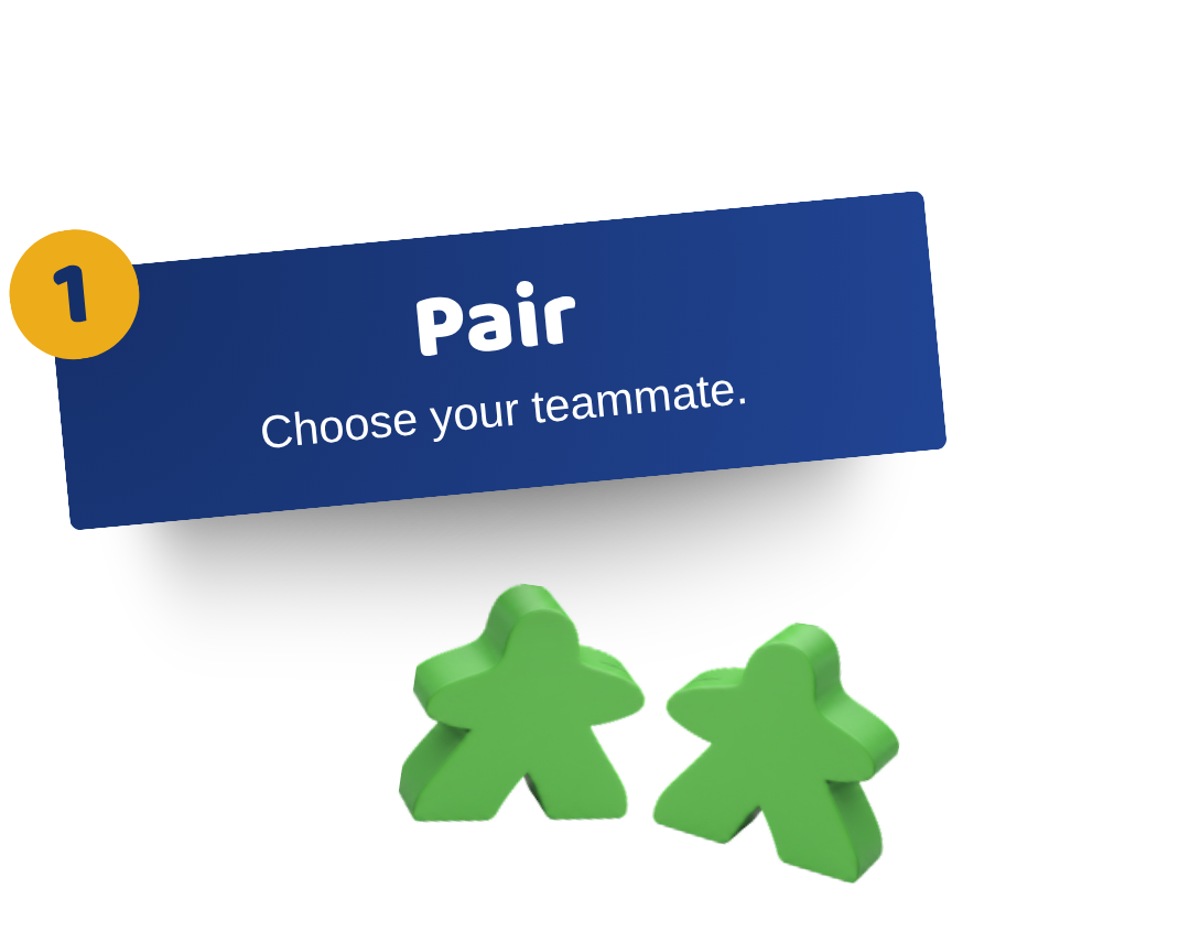 A game instruction box with the number 1 labeled 'Pair' and the text 'Choose your teammate,' with two green game pieces shaped like people in front of the box.