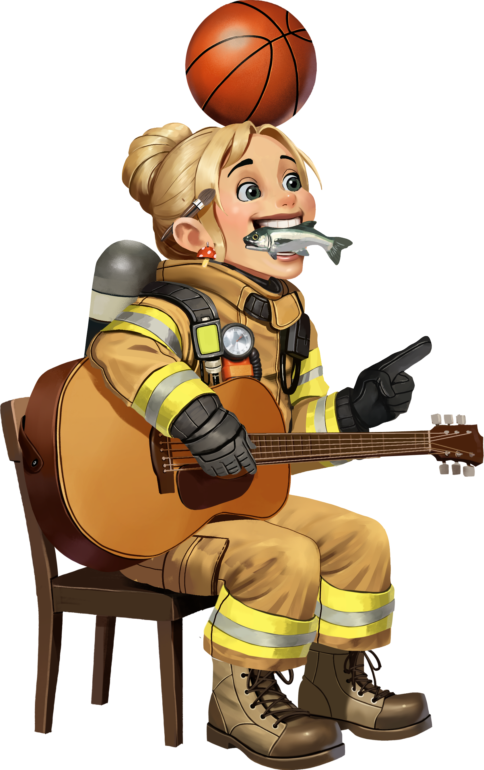 Illustration of a female firefighter sitting on a chair, playing an acoustic guitar, with a fish in her mouth, wearing firefighter gear and sitting next to a table.