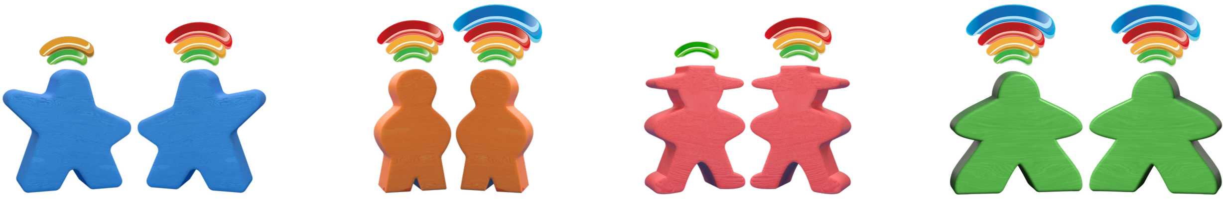 Colorful wooden game pieces of various shapes and colors with Wi-Fi signals on top, including blue stars, orange figures, pink figures, and green figures.