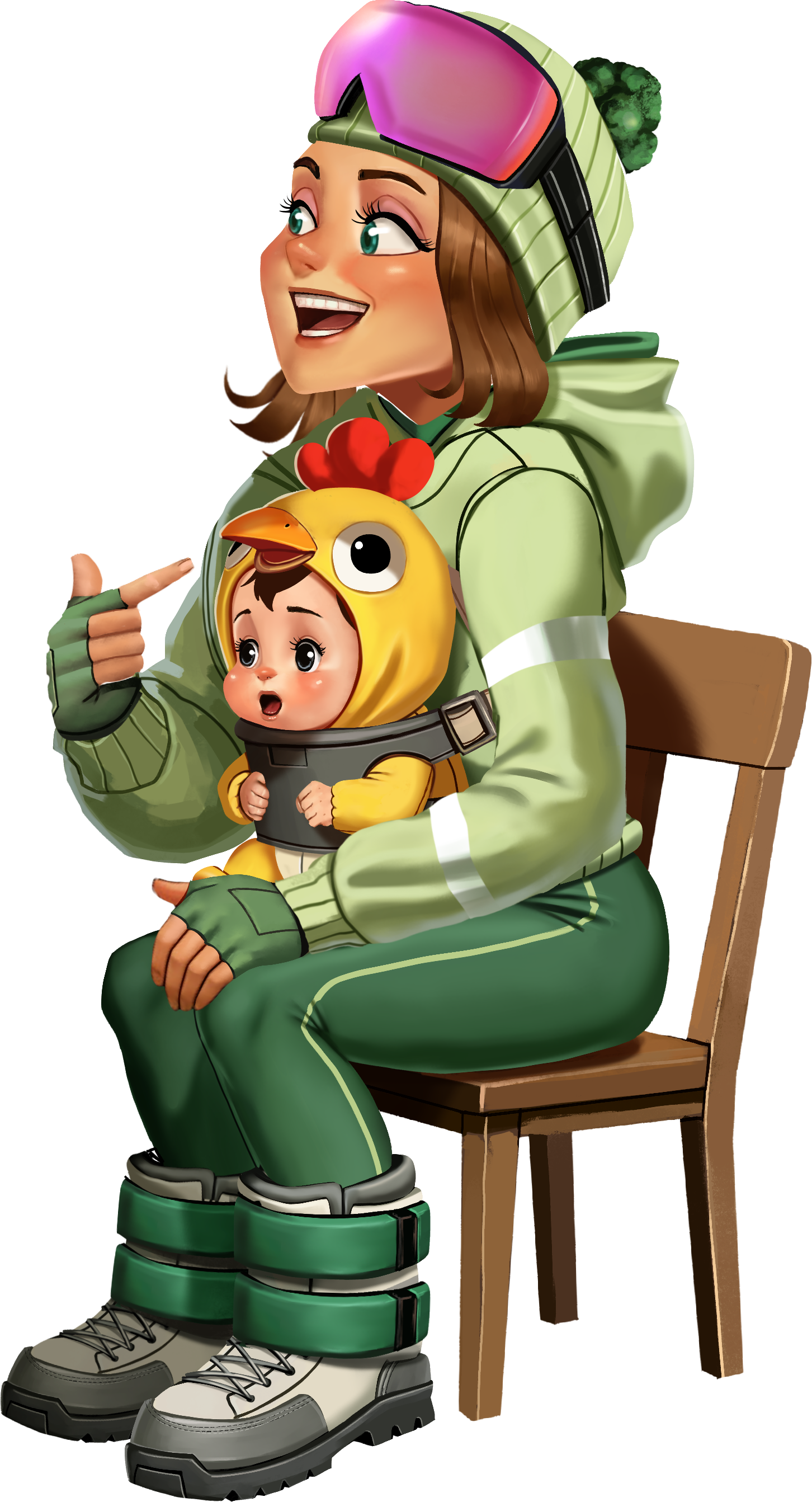 A woman in green winter gear and ski helmet sitting on a wooden chair, holding a child dressed in a yellow chicken costume.