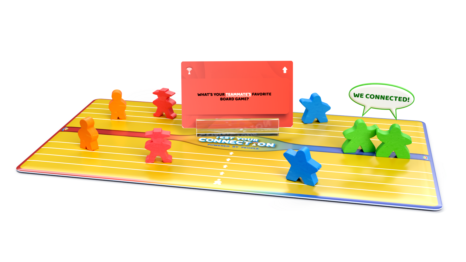 Tabletop game with colorful wooden figures on a yellow track, featuring a card question about favorite board games and a speech bubble that says "WE CONNECTED!"