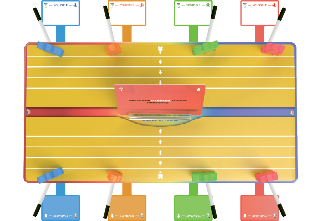 A tabletop hockey game with colorful playing pieces, a yellow playing surface, and automated scoreboards at each end.