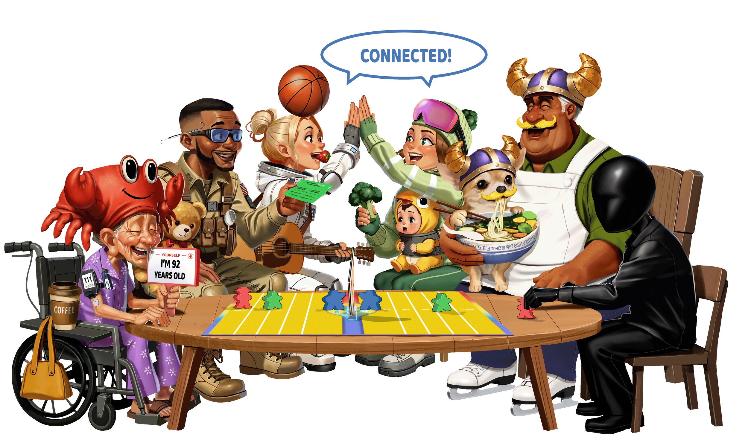 A diverse group of people and animals playing a board game at a table, including a woman in wheelchair, a man in a military uniform, a gamer girl, a woman with strawberry, a girl in pumpkin costume, a man dressed as a Viking, a dog, and other characters, with a speech bubble saying "CONNECTED!"