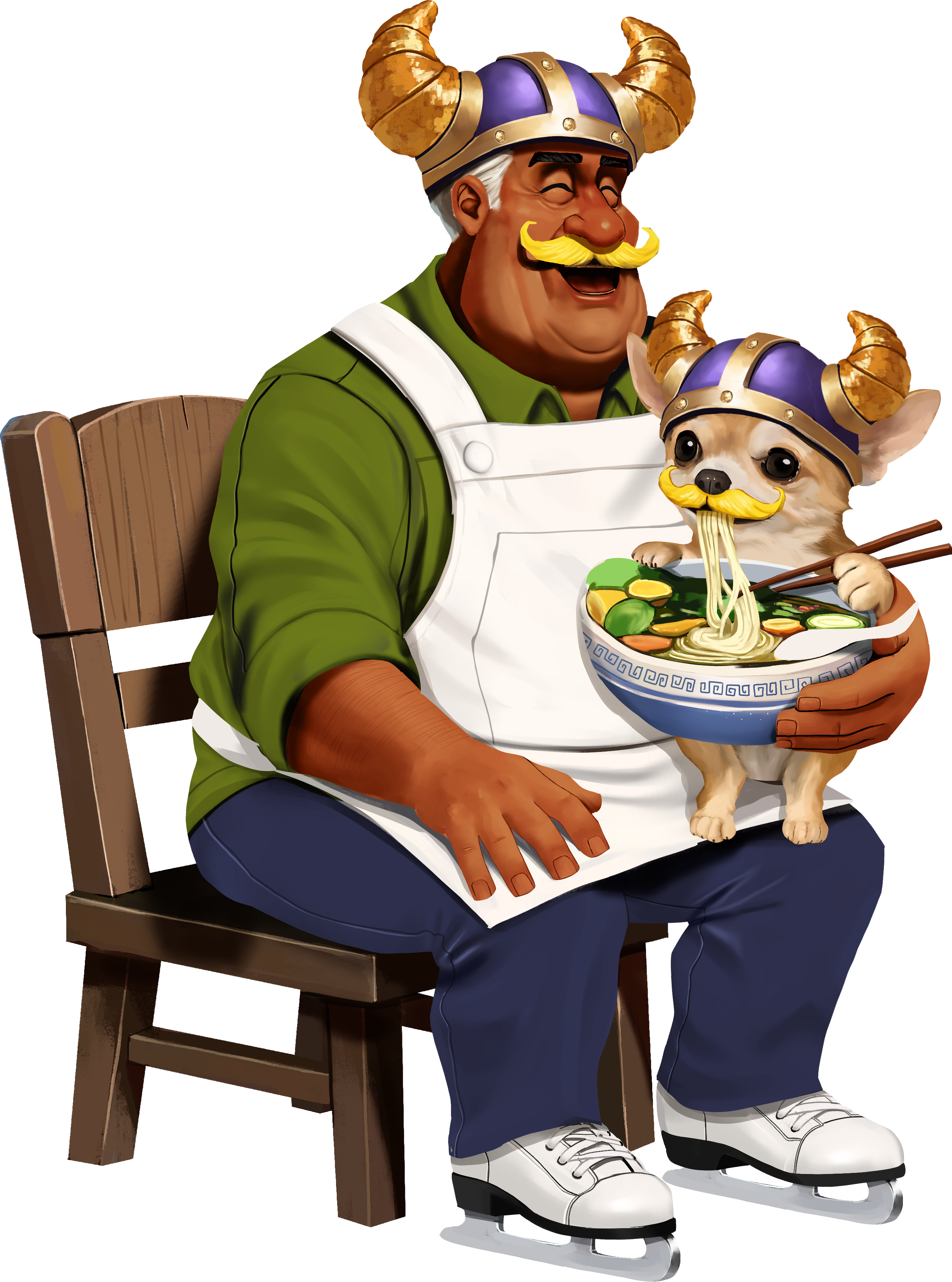 Cartoon illustration of an older man with a mustache and white hair, wearing a Viking helmet with horns, a green shirt, a white apron, and blue pants, sitting on a wooden chair and holding a small dog also wearing a Viking helmet with horns, while the dog eats noodles from a large bowl of ramen.