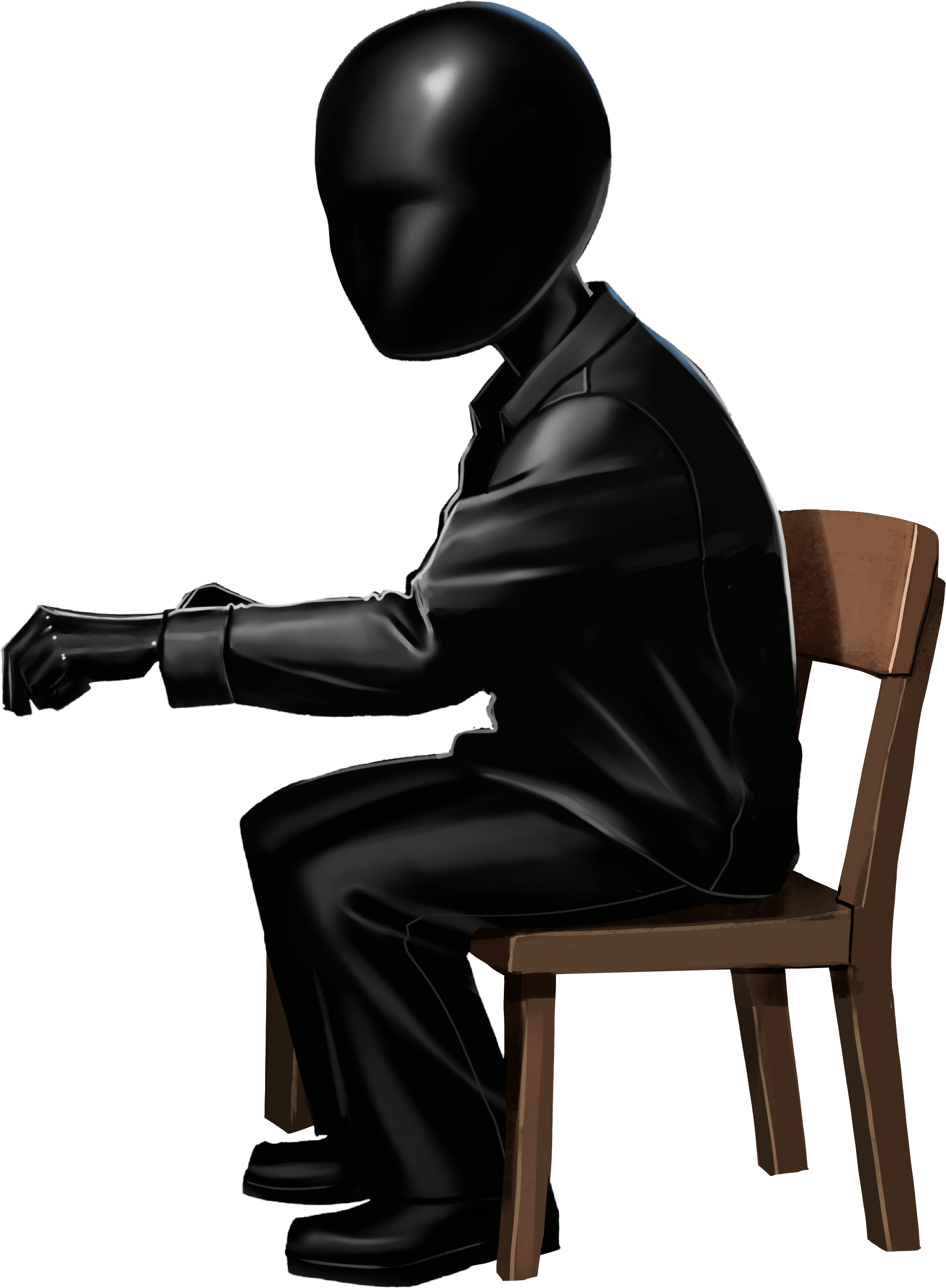 A black mannequin sitting on a wooden chair with a high backrest, facing left, dressed in black clothing.