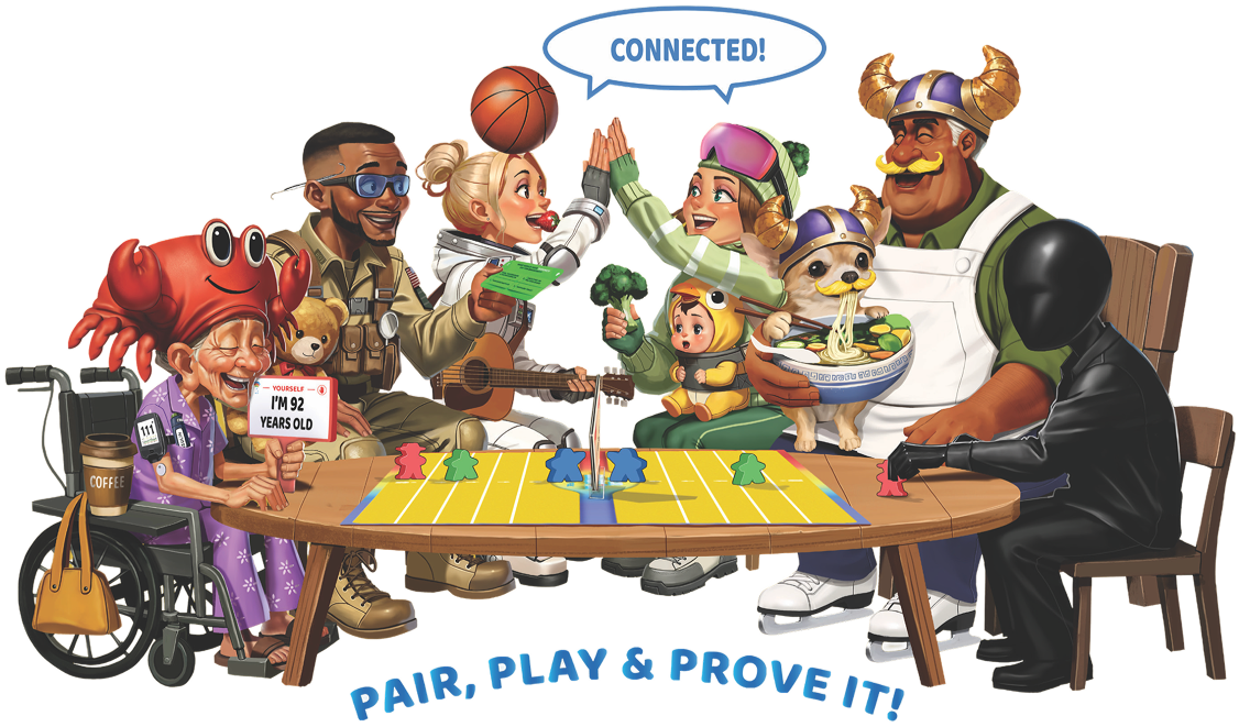 A diverse group of people and cartoon characters playing and connecting over a game of Air Hockey, including a person in a wheelchair, a woman with a crab hat, a man with a teddy bear, a woman with a guitar, a girl in a Viking hat, a dog with a noodle bowl, a Viking man, a figure in a black costume, and a child with a broccoli toy, all sitting around a table with colorful game pieces.