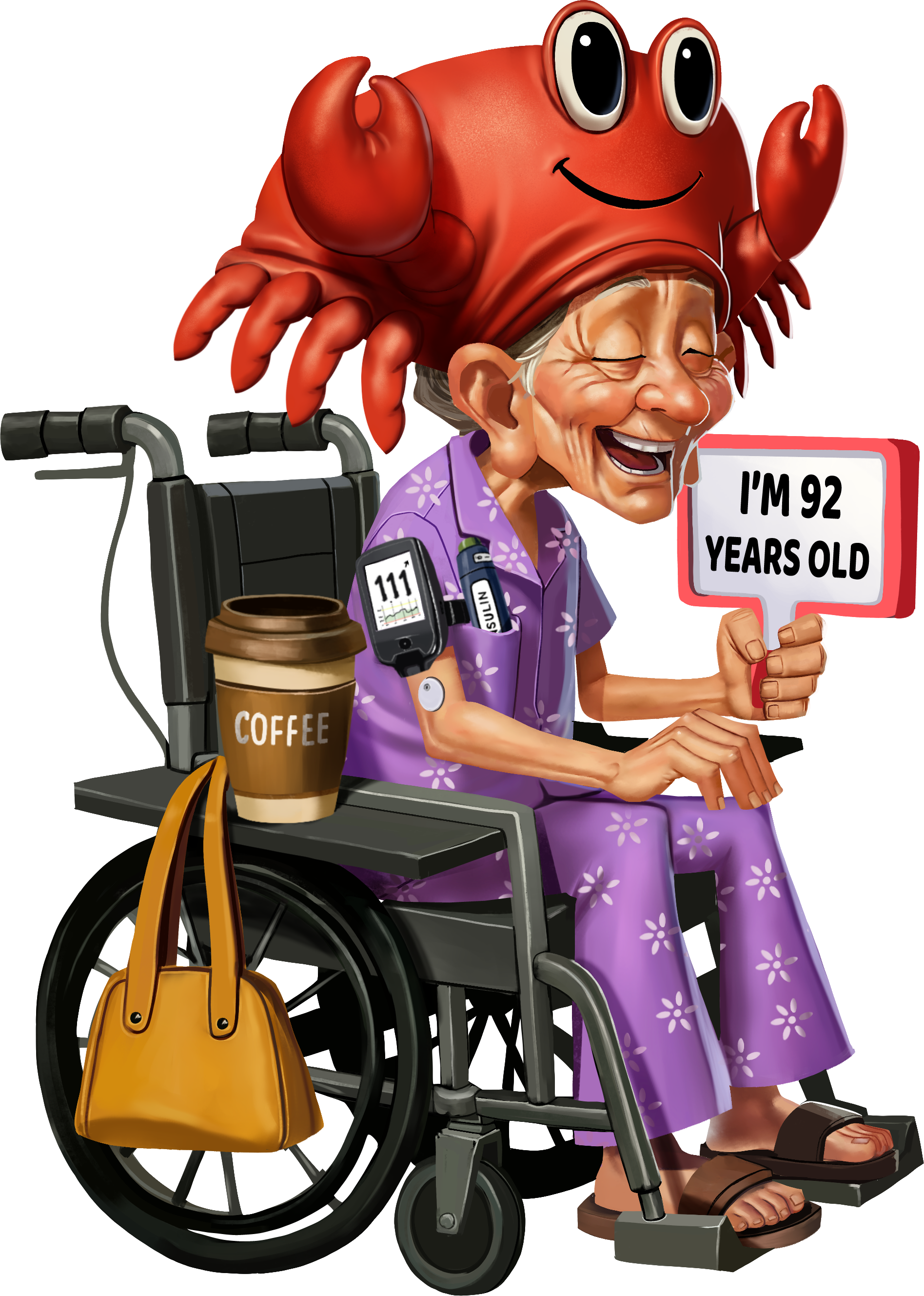 A cheerful elderly woman with gray hair in a wheelchair, wearing a purple floral dress, holding a sign that says 'I'M 92 YEARS OLD', and a cup of coffee on a tray attached to her wheelchair. She has a large cartoon lobster hat on her head. There is a yellow handbag hanging from the wheelchair.