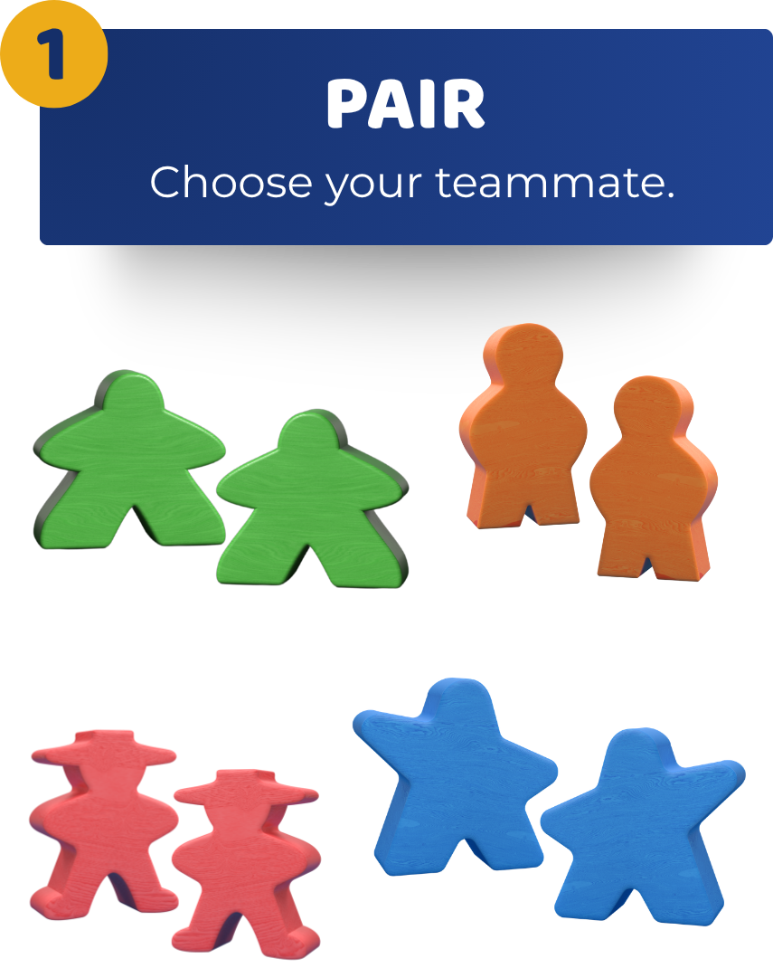 Child's board game with colored wooden figures representing teammates, divided into green, orange, and blue sets.