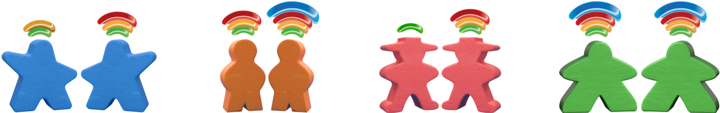 Colorful wooden figurines in blue, orange, red, and green, each with a set of small decorative hats, arranged in pairs.