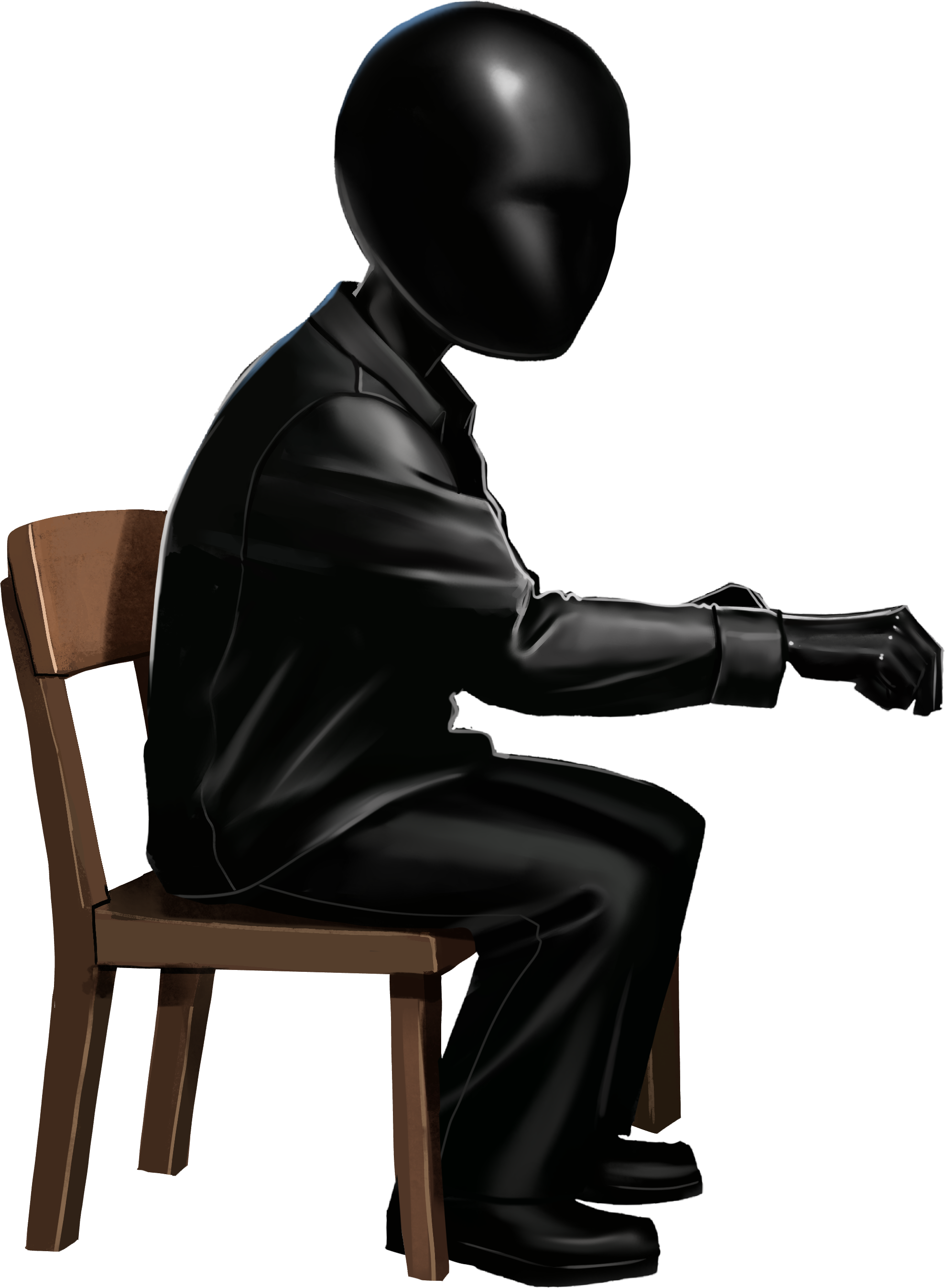 A person dressed in black sitting on a wooden chair, with only their silhouette visible against a dark background, facing to the side with their hands resting on a table or keyboard.