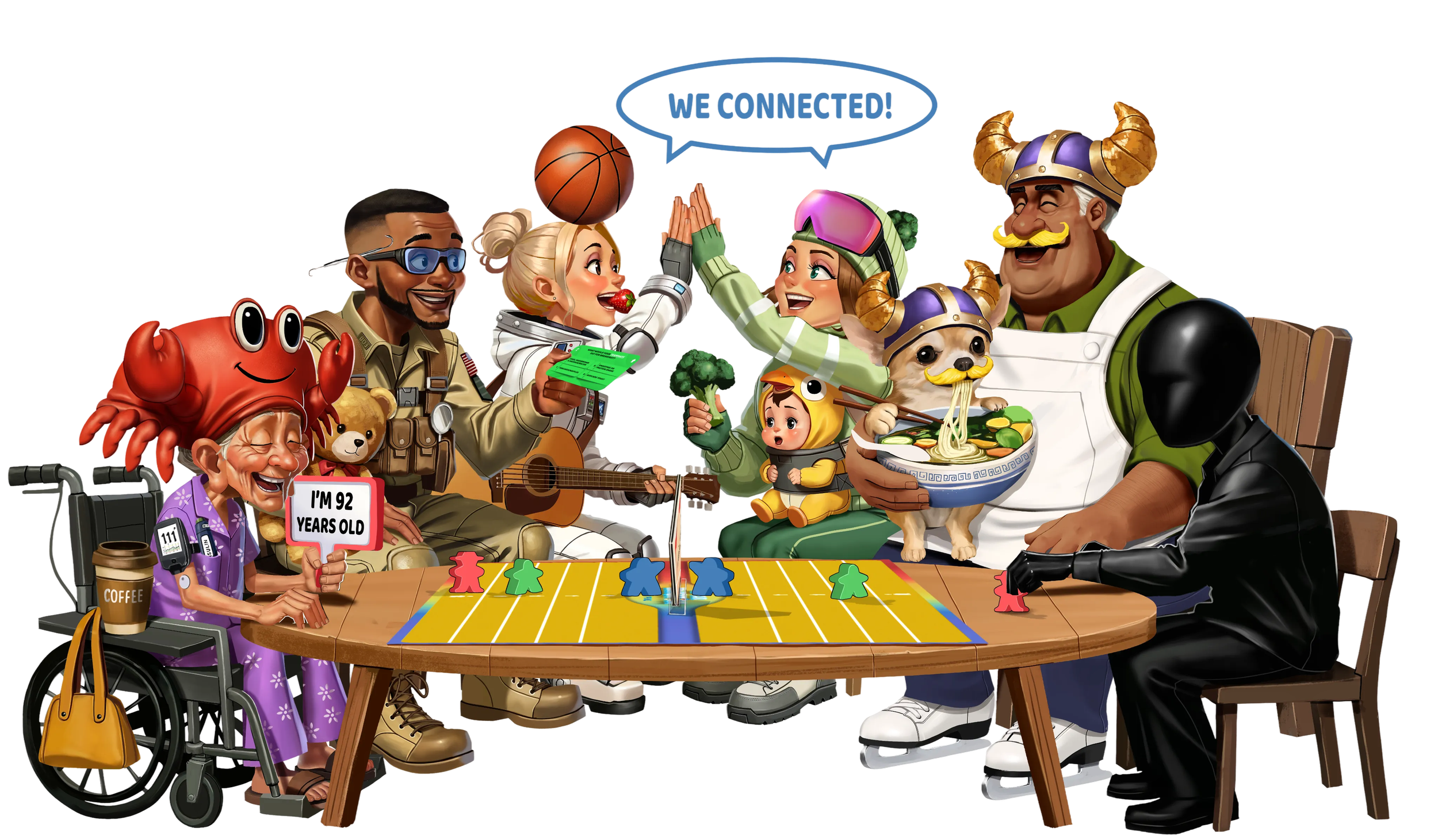 A diverse group of animated characters gathered around a table playing a board game, with some celebrating and others engaged, including a woman in a wheelchair with a sign, a man in a Viking costume, a woman in a space suit, children, and various other whimsical figures.