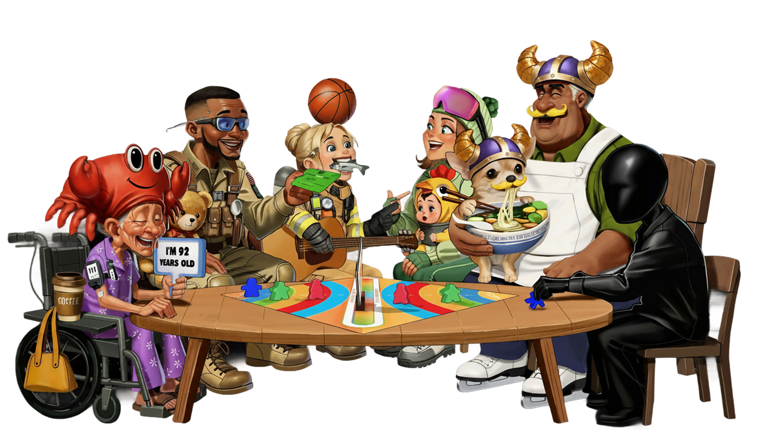 Group of animated characters playing a board game around a table, with some dressed as firefighters, a firefighter dog, and a Viking with a horned helmet, including a person in a wheelchair holding a sign that says "I'm 92 years old" and a happy crab mascot.