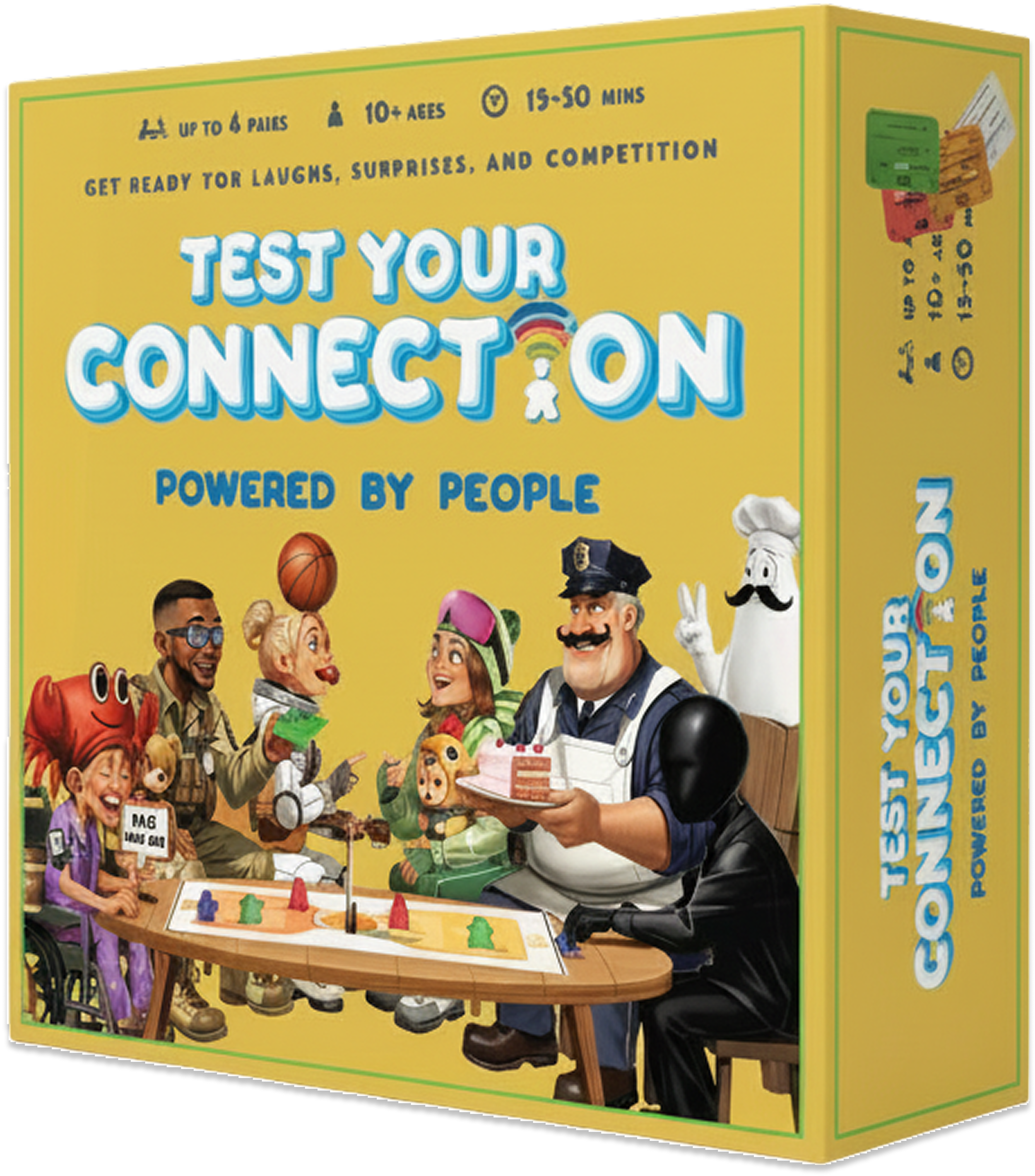 The box is titled 'Test Your Connection on Powered by People' with an illustration of diverse people and characters, including a woman in a wheelchair, a man holding a cake, a woman wearing a helmet, a police officer, and a chef, gathered around a game table with colorful game pieces.