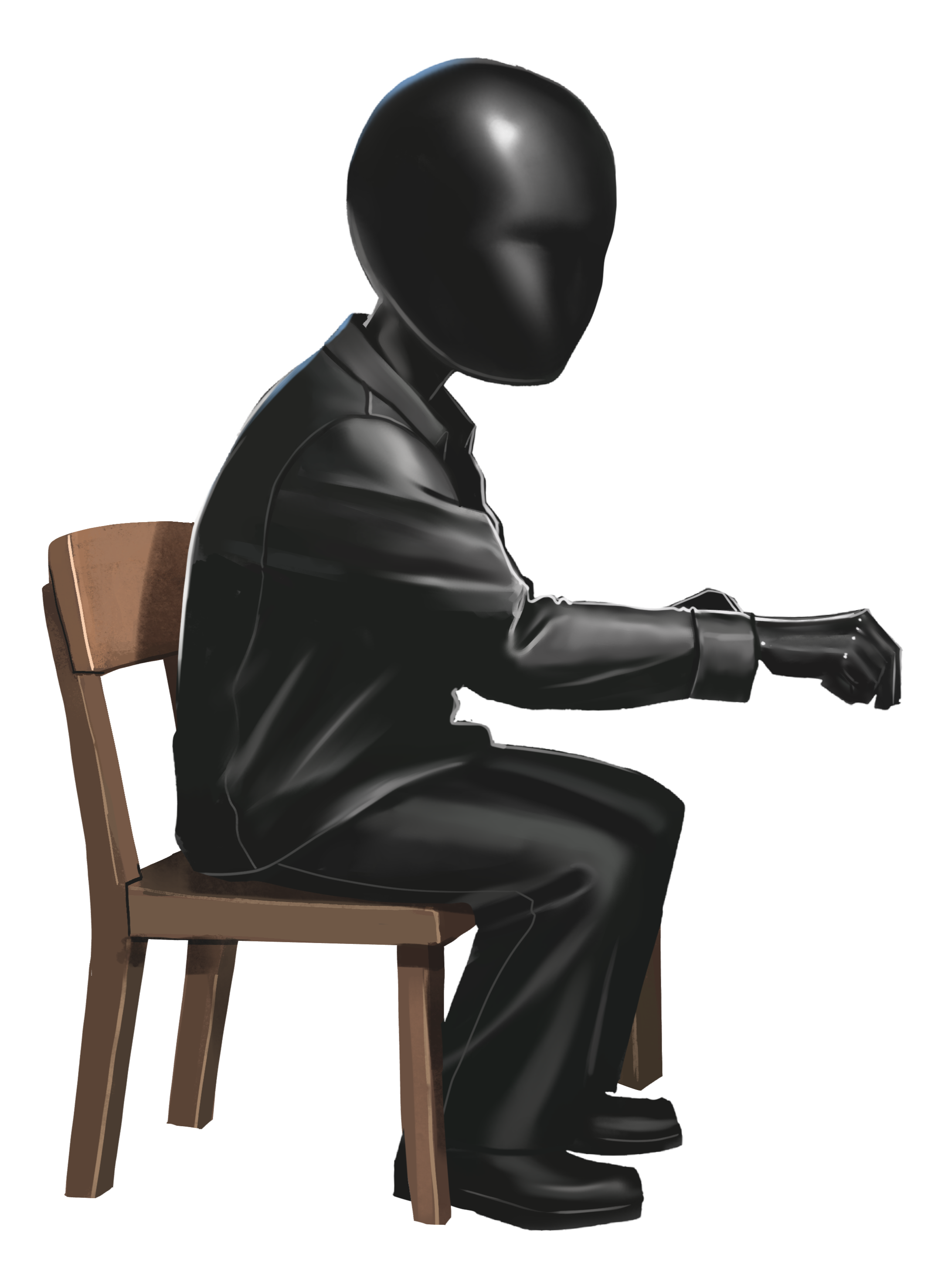 A person sitting on a wooden chair, dressed in black, facing to the right, with their face obscured, with a black background.