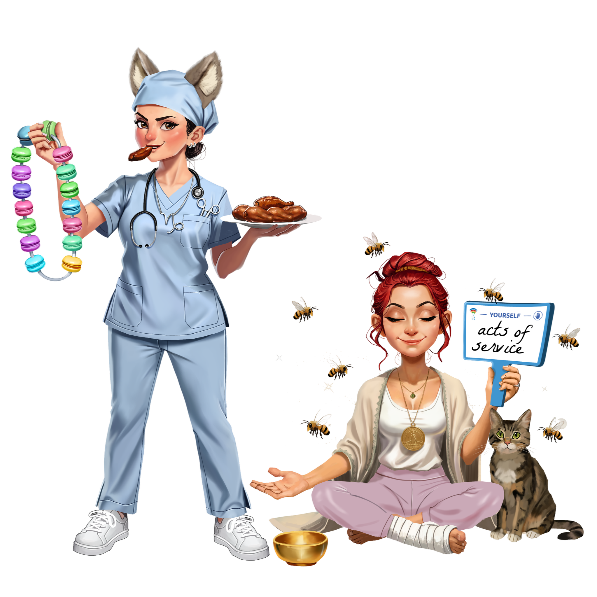 Illustration of a young woman with glasses, a gold necklace, and long hair sitting cross-legged with a cat, holding a sign that says 'acts of service'. A woman dressed as a nurse with animal ears, a stethoscope, and a plate of food stands nearby, holding a plate of roasted chicken, with honey bees flying around.
