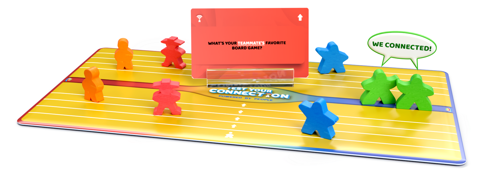 A board game with colorful game pieces and a digital tablet. The game involves answering questions about favorite board games. The message on the tablet reads, 'WHAT'S YOUR TEAMMATE'S FAVORITE BOARD GAME?', and there are green and speech bubbles indicating connection status, saying 'WE CONNECTED!'